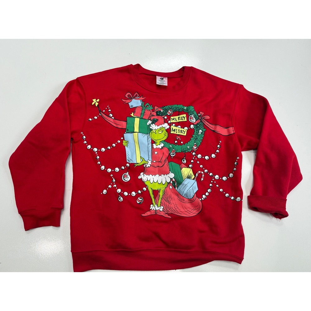 Dr Seuss The Grinch Merry Merry Christmas Sweatshirt Red Juniors Small 4-6